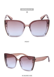 Detail view of brown blue gradient cat eye sunglasses with metal trim and model numbering