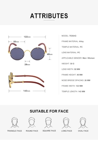 Detailed size specifications for vintage round frame steampunk sunglasses with alloy frames