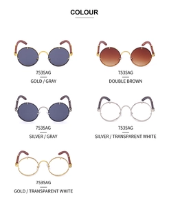 Matrix layout of vintage round sunglasses in gold, silver and brown frame options