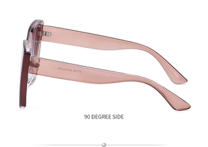 Side view of oversized cat-eye sunglasses with translucent frame and model size details