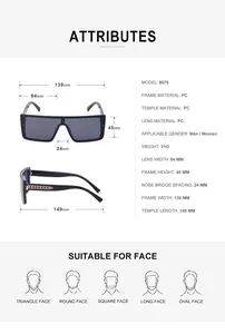 Detailed size guide and face shape guide for oversized one-piece fashion sunglasses