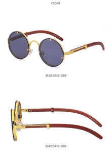 Three-view detail of luxury round sunglasses with gold metal frame and wood grain temples