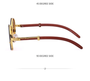 Detail of vintage round sunglasses 7535AG with wood grain temples and metal frames