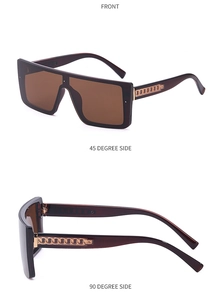 Detailed views of oversized square sunglasses featuring gold chain accents on the temples