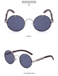 Detailed front and 45-degree views of vintage round silver metal sunglasses with gray lenses