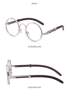 Detailed views of vintage round sunglasses with gold metal frames and wood texture temples