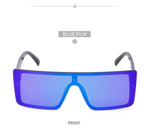 Front view of oversized one-piece sunglasses featuring blue film mirrored lenses and black frames