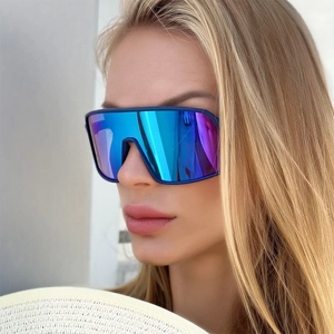 Close-up of polarized sports sunglasses with blue-purple gradient mirror lenses and bold frame
