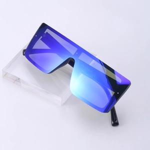 Modern oversized square sunglasses with blue purple mirror lenses and black glossy temples