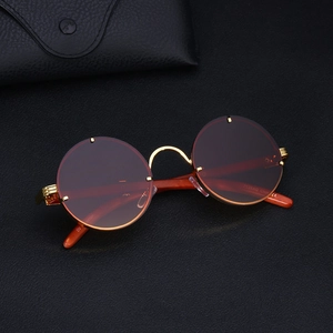 Retro small round lens sunglasses with gold metal frame and wood grain temple tips