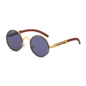 Retro round metal sunglasses with gold frame and wood grain temples in 45-degree view