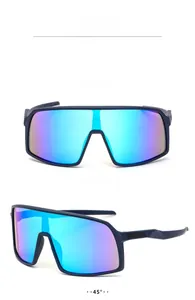 Vorder- und Seitenansicht blauer Sportsonnenbrille mit bunt verspiegelten Gläsern