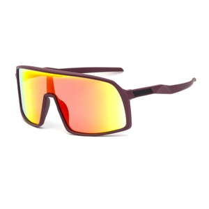 Polarized sports sunglasses with red-orange gradient mirror lens and matte purple frame