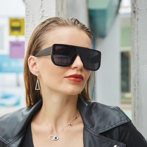 Chic oversized black flat top shield sunglasses with diamond-textured temples for women