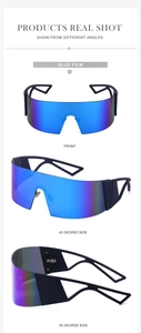 Vue sous trois angles de lunettes de cyclisme oversize avec verres miroirs bleus