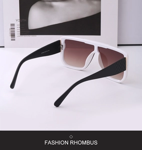 Detail of white oversized frame sunglasses with textured black rhombus pattern temples
