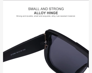 Detail of durable alloy hinge and size specifications on matte black sunglasses