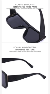Detail of integrated nose pads and rhombus texture on black oversized sunglasses