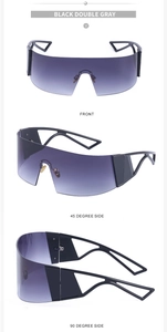 Vue sous trois angles de lunettes de soleil masque avec verres dégradés et branches ajourées