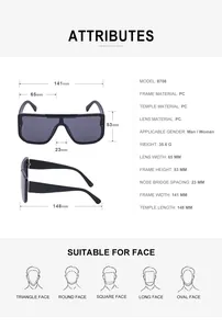 Detailed size chart for oversized fashion sunglasses showing frame and lens dimensions