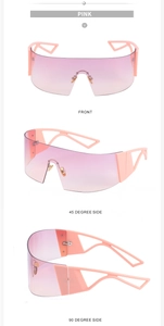 Lunettes de soleil sport roses surdimensionnées vues de face, à 45 et 90 degrés