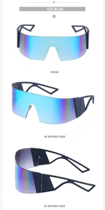 Détails des lunettes de soleil futuristes bleu glacé avec branches géométriques creuses