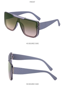 Three-angle view of oversized gradient lens sunglasses with textured matte blue-gray frames