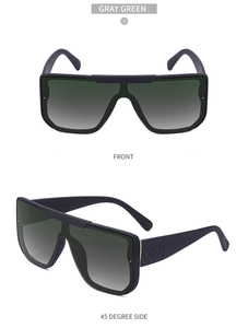 Macro detail of oversized sunglasses with matte black frame and gray green gradient lenses