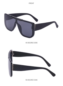 Detailed views showing the oversized frame and woven texture temples of these sunglasses