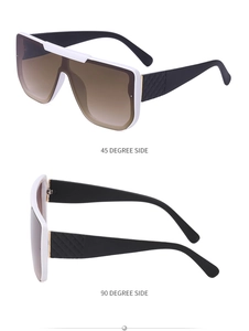 Detail of oversized sunglasses showing 45 and 90 degree angles with weave texture temples