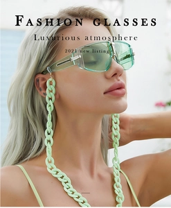 Detail of mint green translucent oversized sunglasses with matching thick resin chain