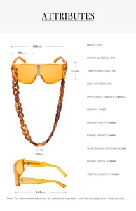 Detailed size chart and specifications for oversized orange sunglasses with chain