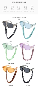 Detail view of large frame sunglasses in six colors with matching thick chain lanyards