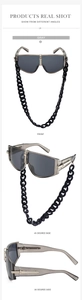 Detailed views of gray oversized sunglasses with thick black chain strap from three angles