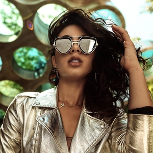 Steampunk irregular silver sunglasses with metallic jacket and cross jewelry set
