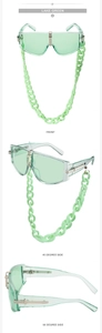 Three-angle view of lake green oversized sunglasses with chunky acrylic chain strap
