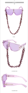 Three-angle view of purple translucent oversized sunglasses with a thick tortoise chain