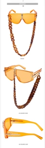 Three-view detail of orange transparent square sunglasses with thick resin chain