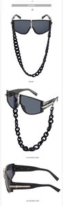 Three angles of black square frame sunglasses featuring a chunky resin chain decoration