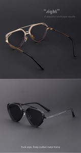Detail of steampunk metal sunglasses with hollow mesh side shields and double bridge design