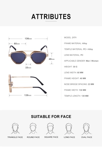 Detailed technical specifications and sizing chart for steampunk hollow frame sunglasses