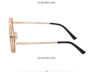 Detailed side view showing gold hollow metal mesh craftsmanship on steampunk sunglasses