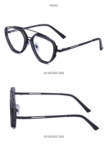 Detail view of steampunk hollow metal frames and mesh design in matte black