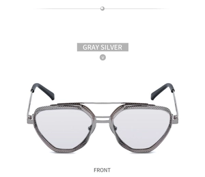 Detailed front view of gray silver steampunk sunglasses with mesh frame texture