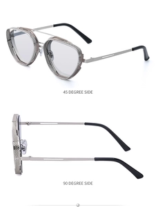 Detail view of steampunk sunglasses showing metal mesh side shields and frame structure