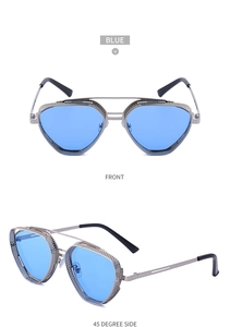 Blue pilot sunglasses with silver metal frame and side mesh hollow out detailing