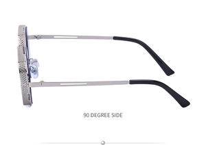 Detail view of silver steampunk sunglasses featuring textured knurling and 90-degree side profile