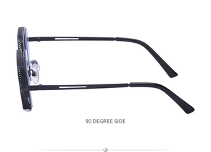 Side view of black steampunk sunglasses with unique hollow honeycomb texture metal frame