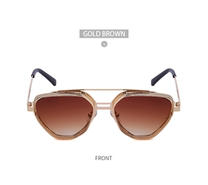 Front view of gold brown steampunk sunglasses with hollow metal frame and gradient lenses