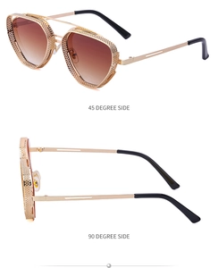 Detail view of steampunk hollow metal mesh frames and brown gradient sunglasses lenses